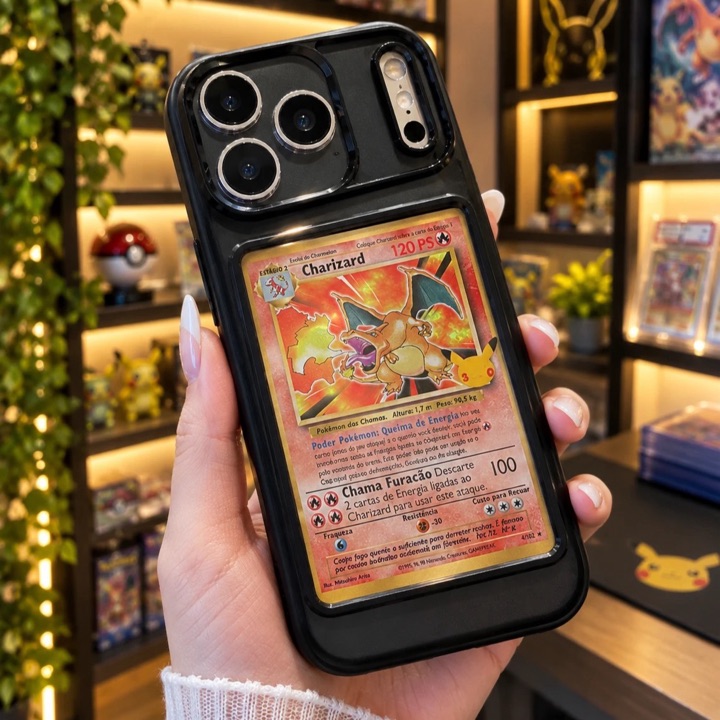 Capa magnética preta no iPhone com o porta-carta encaixado